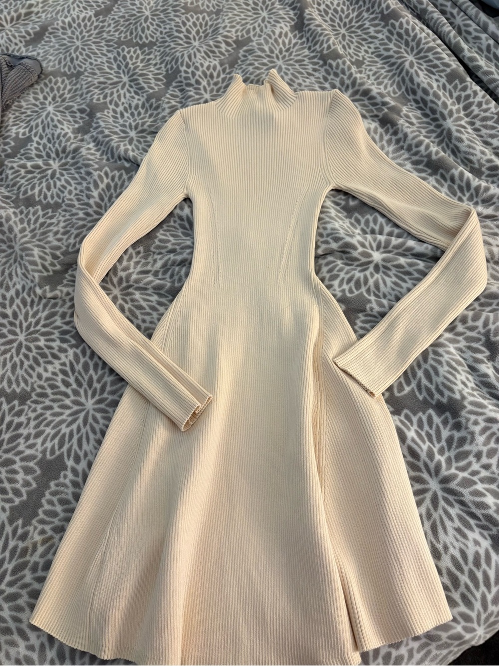 vestique Cream Ribbed Long-Sleeve Fit & Flare Dress